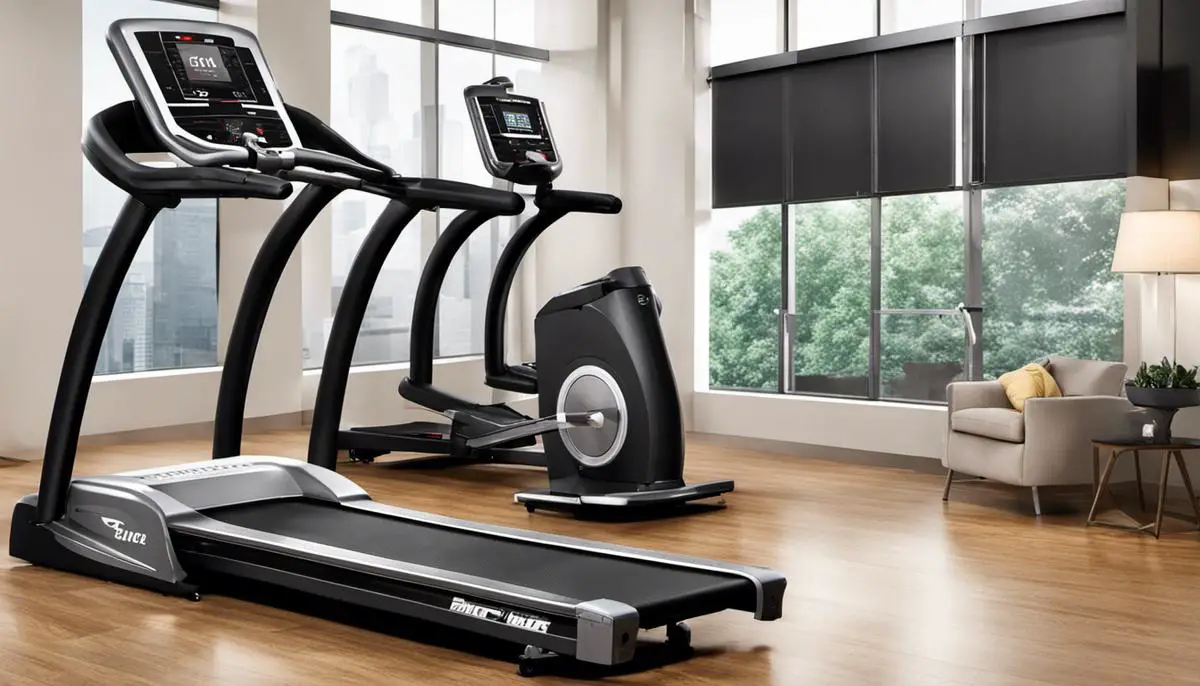 Various cardio workout equipment like treadmill, stationary bike, rowing machine, elliptical machine, and jump rope.