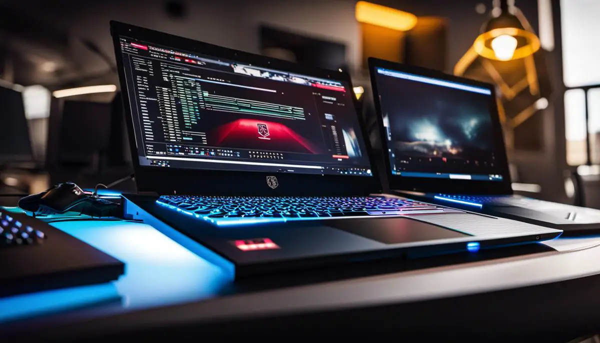 A close-up image of gaming laptops on a desk.