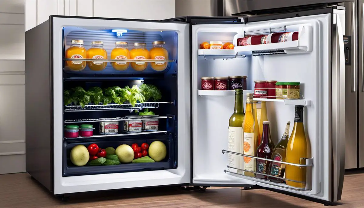 Image description: A small refrigerator with a freezer compartment.