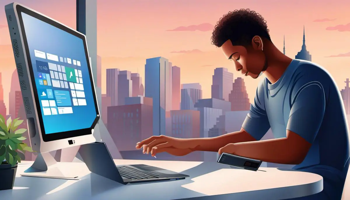 Illustration of a person using touch screen technology on a Windows 11 device