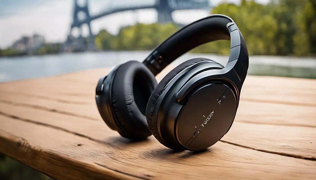 A pair of wireless headphones in black color with Bluetooth connectivity and noise cancellation features.